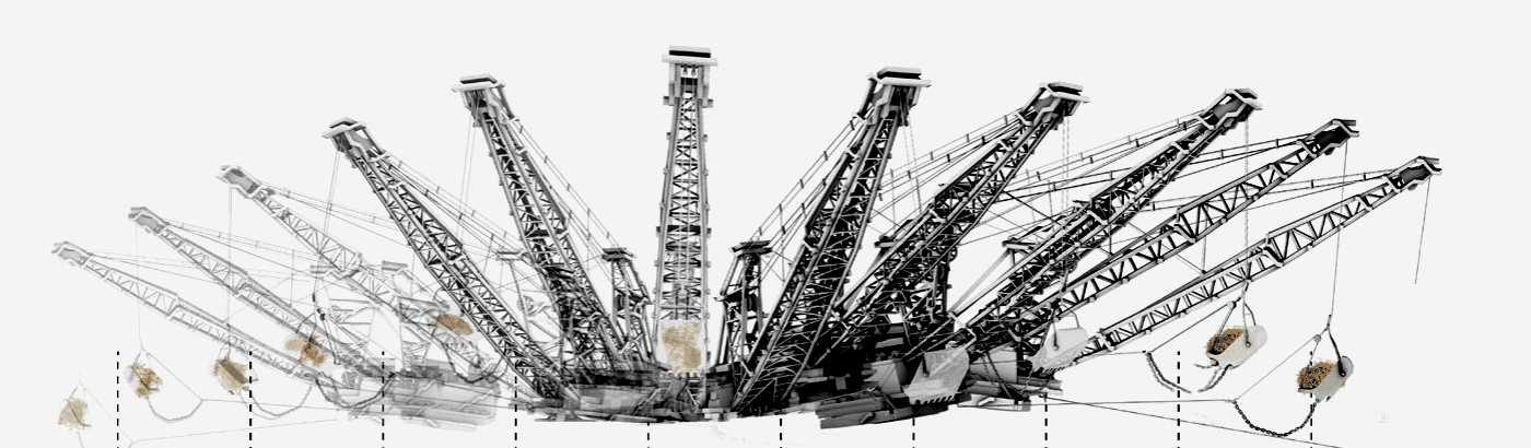 Dragline movement fan — boom positions swept around the center pin