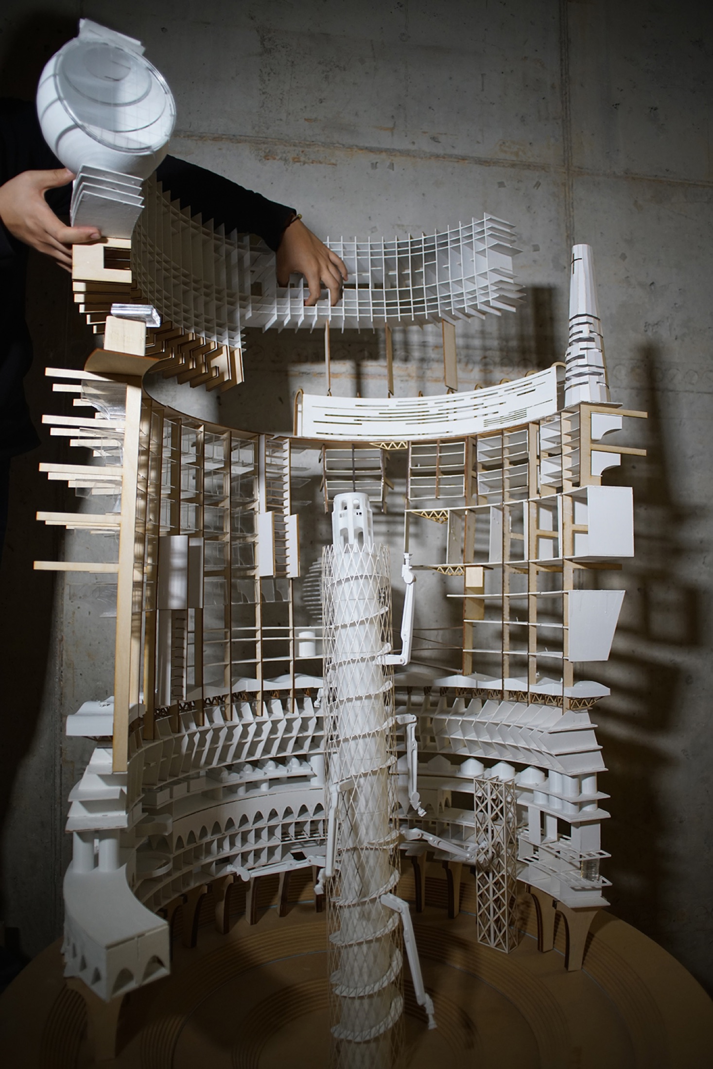 Spiral tower model, elevation — the circle stacked