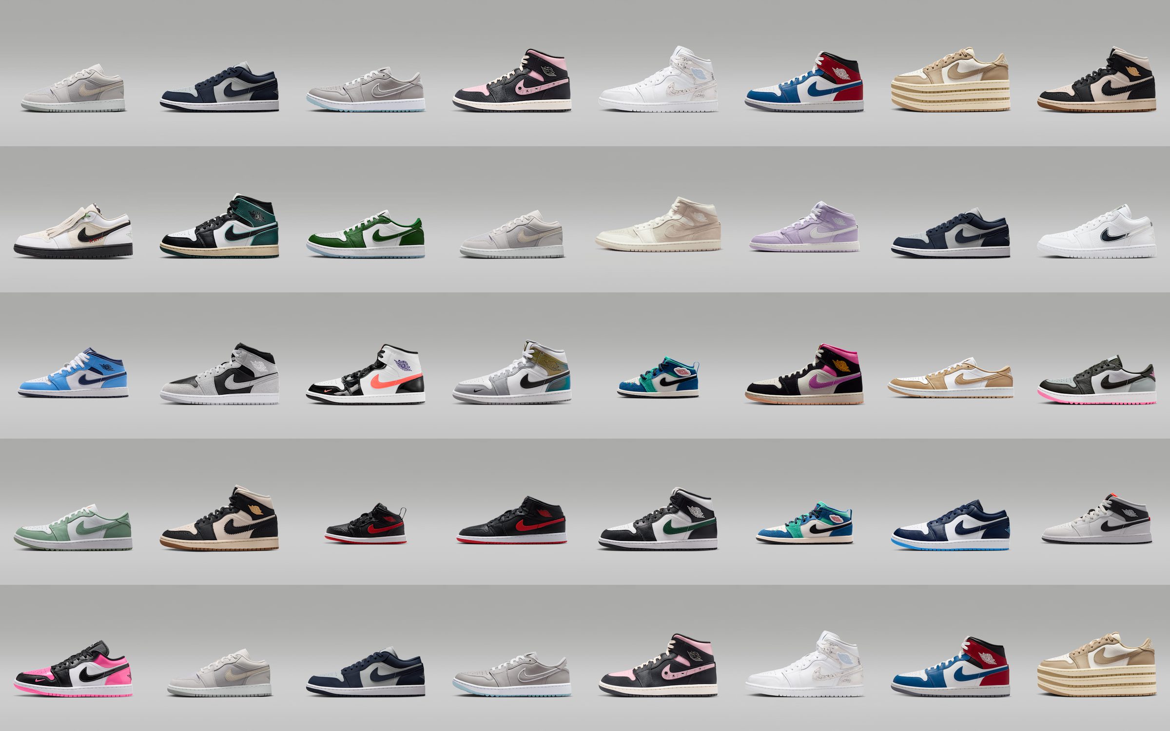 Wall of Air Jordan 1 colorways — one silhouette, recomposed