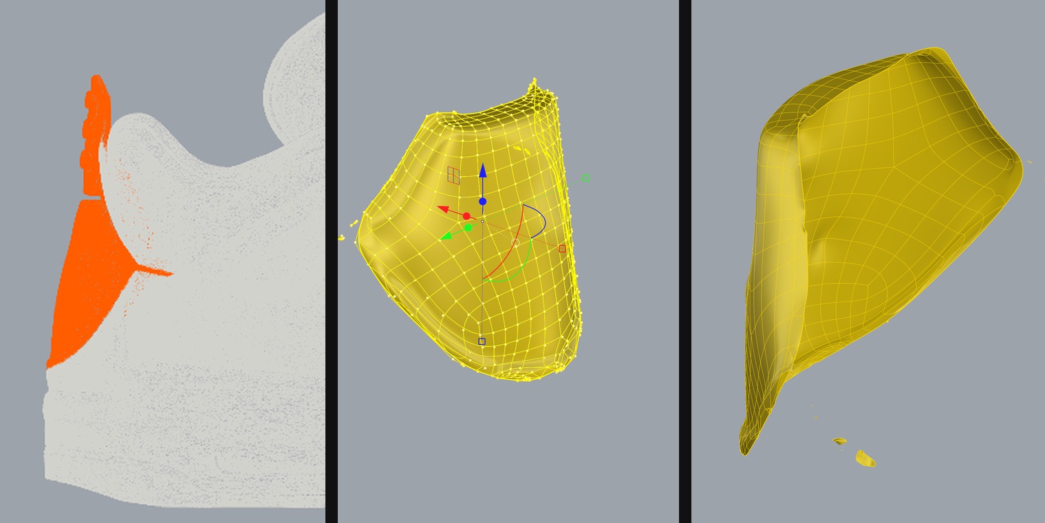 Heel region flagged on the AI mesh; the coarse SubD cage under edit with control points and gumball; the designer-edited SubD shell
