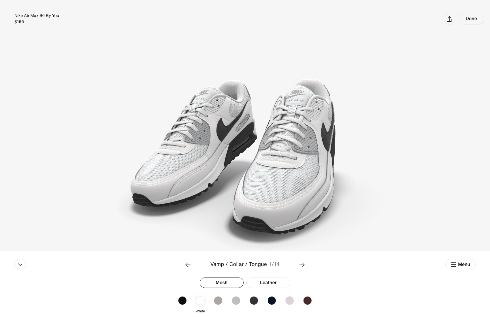Nike By You customizer — part stepper and color swatches